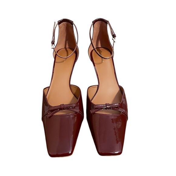 Reformation Darcy Burgundy Patent Leather Square Toe Bow Kitten Heels Size 10 - Picture 2 of 10